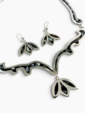 Vintage Alpaca Silver Mexico Abalone Inlay Necklace Earring Set Signed